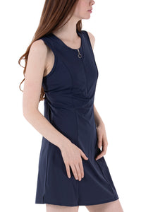 Woman wearing a Navy blue dress on a white background