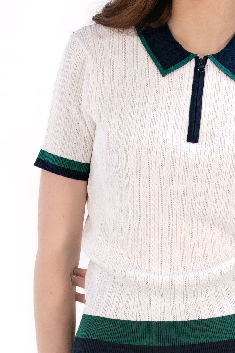 Knit Polo with Striped Hem White/Navy/Green