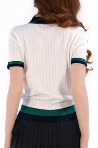 Knit Polo with Striped Hem White/Navy/Green