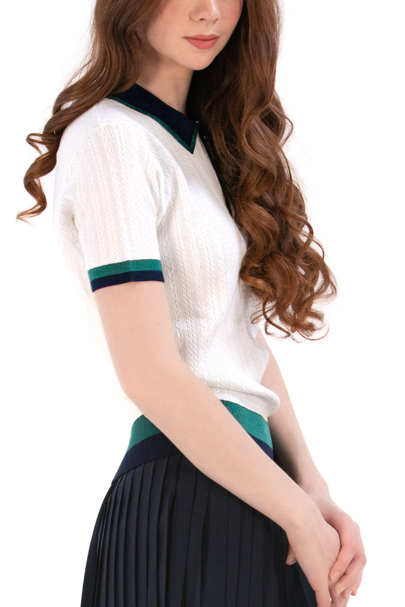Knit Polo with Striped Hem White/Navy/Green