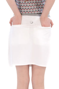 Woman in Tall 17" white skirt and knit polo.