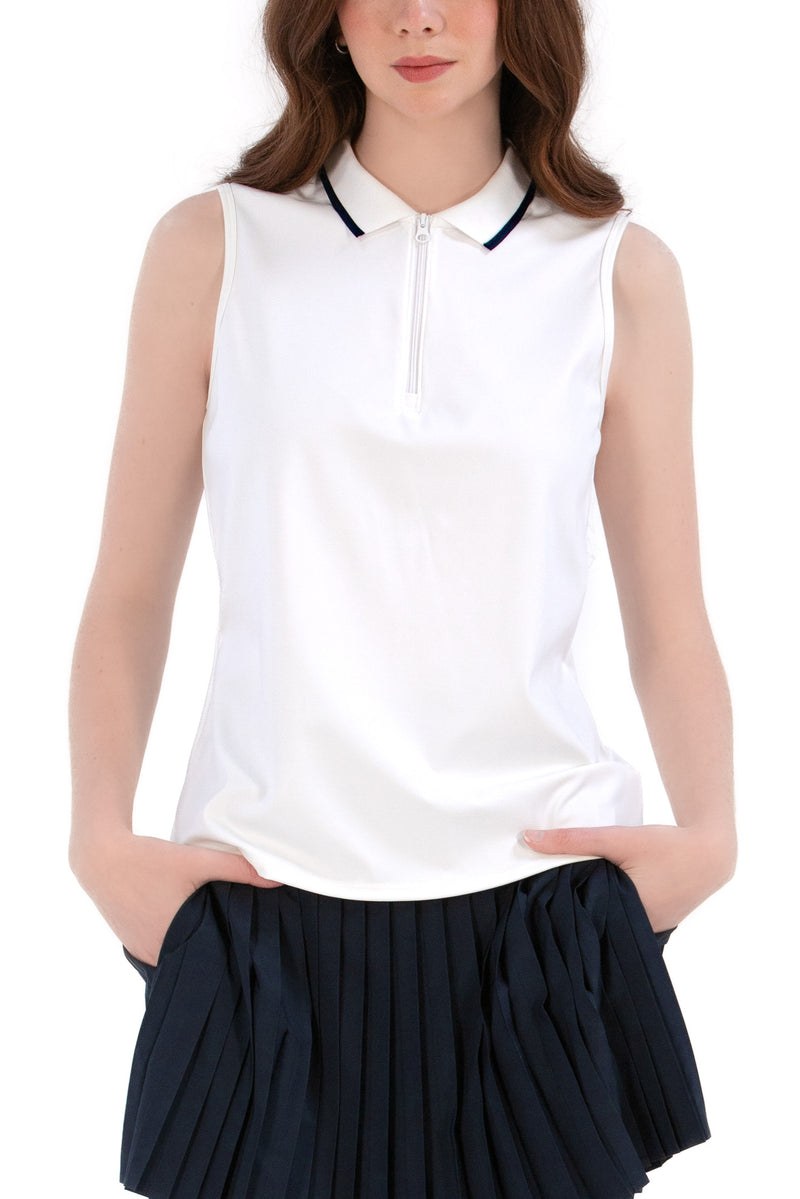 White/Navy Sleeveless Zip Front Polo
