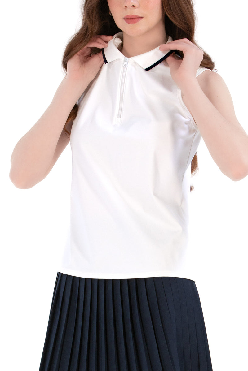 White/Navy Sleeveless Zip Front Polo