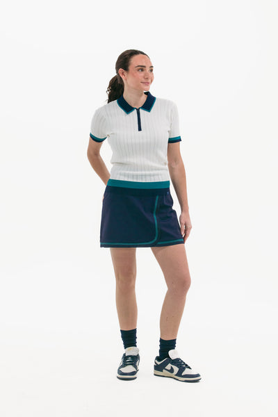 Knit Polo with Striped Hem White/Navy/Green